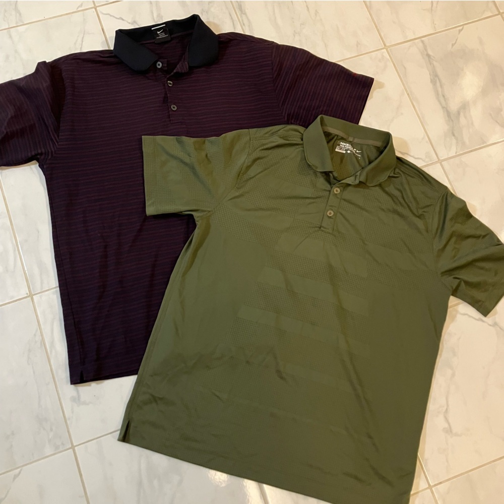 2 Nike Men's Polo / golf Shirt Set - Dark striped  and Olive Green. EUC!